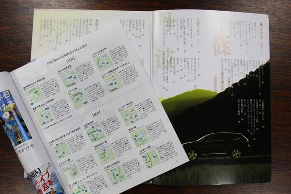 2冊の大きさの違う市販の観光雑誌を、1冊の上にもう1冊を半分に曲げて置いている写真